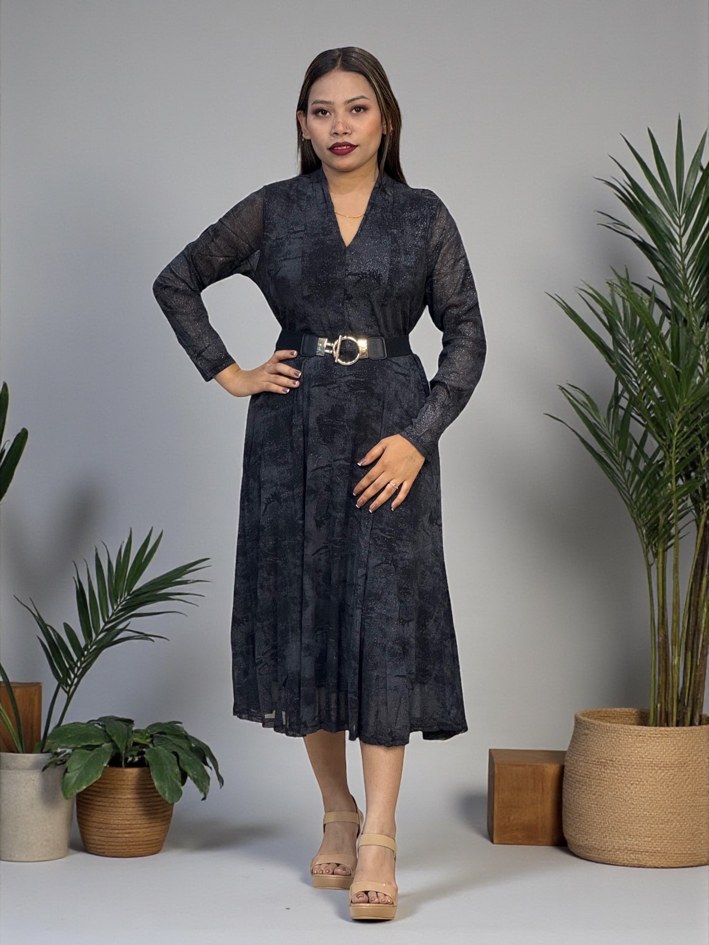 Chic Women’s A-Line Dress – Elegant Patterned Design with Belt