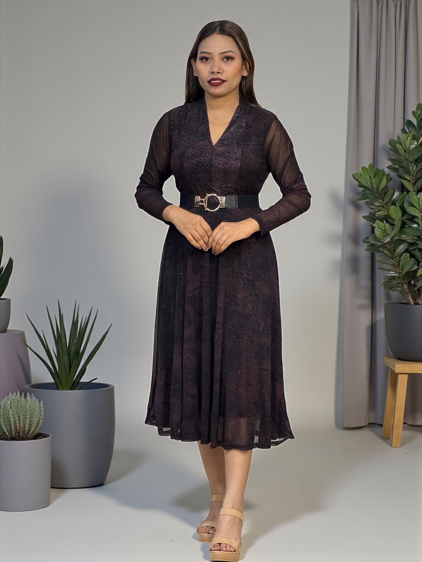 Chic Women’s A-Line Dress – Elegant Patterned Design with Belt