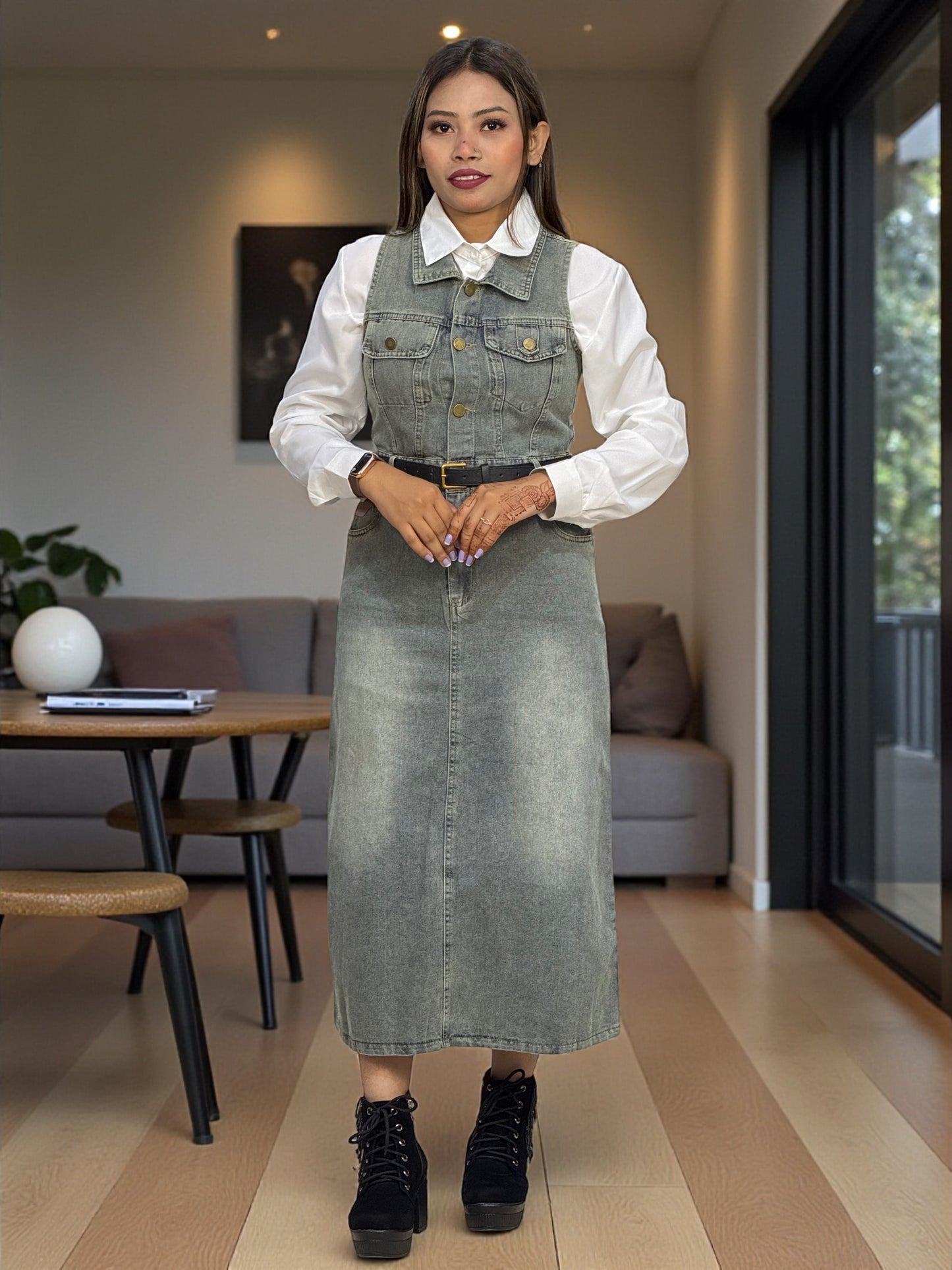 Chic Denim Midi Dress with White Shirt – Stylish & Elegant Casual Look