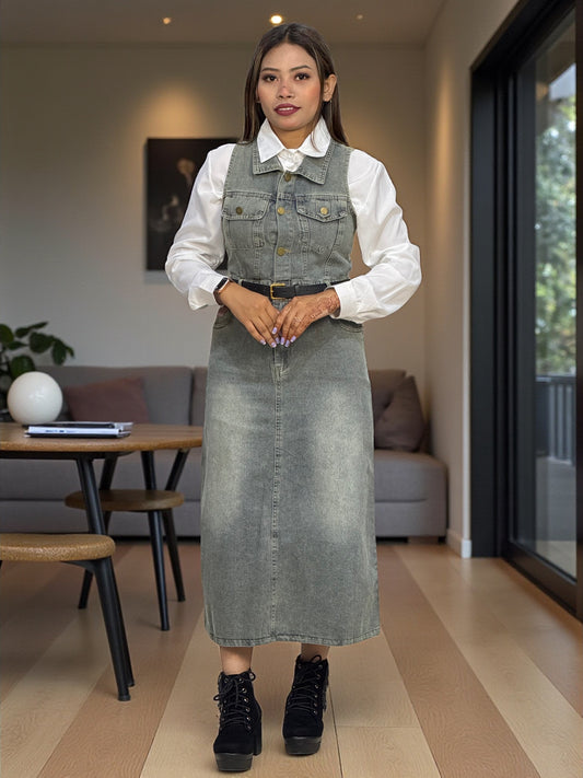 Chic Denim Midi Dress with White Shirt – Stylish & Elegant Casual Look
