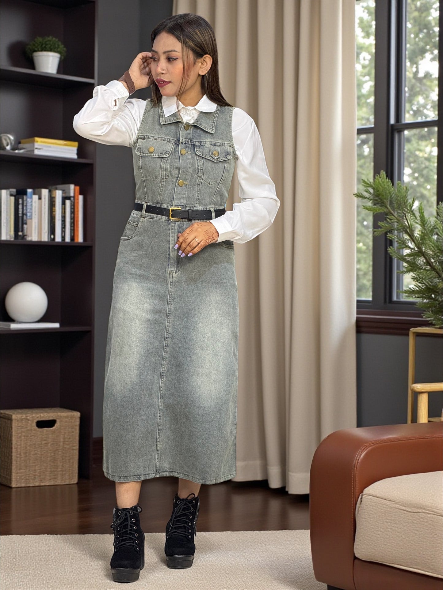 Chic Denim Midi Dress with White Shirt – Stylish & Elegant Casual Look