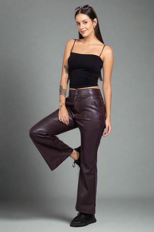 Ladies Leather Trendy Pant, Women Boot Cut Pants, Girls Faux Leather Wide Leg Pants