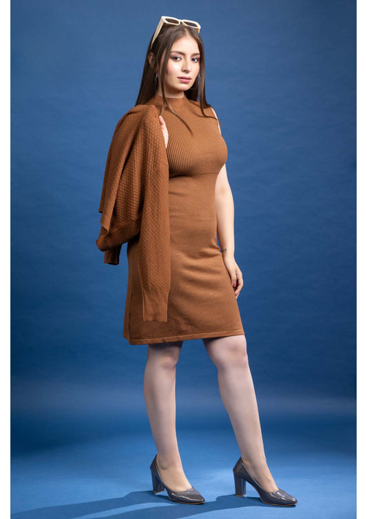 Bodycon Dress -Wool Fabric Party wear Tunic For Women Tan Colour