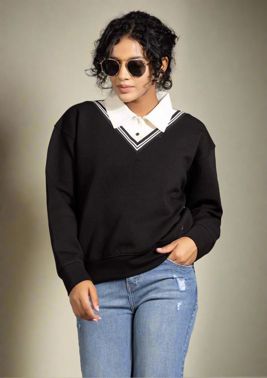 Women's Solid" Shirt Collar" With V Neck Sweater