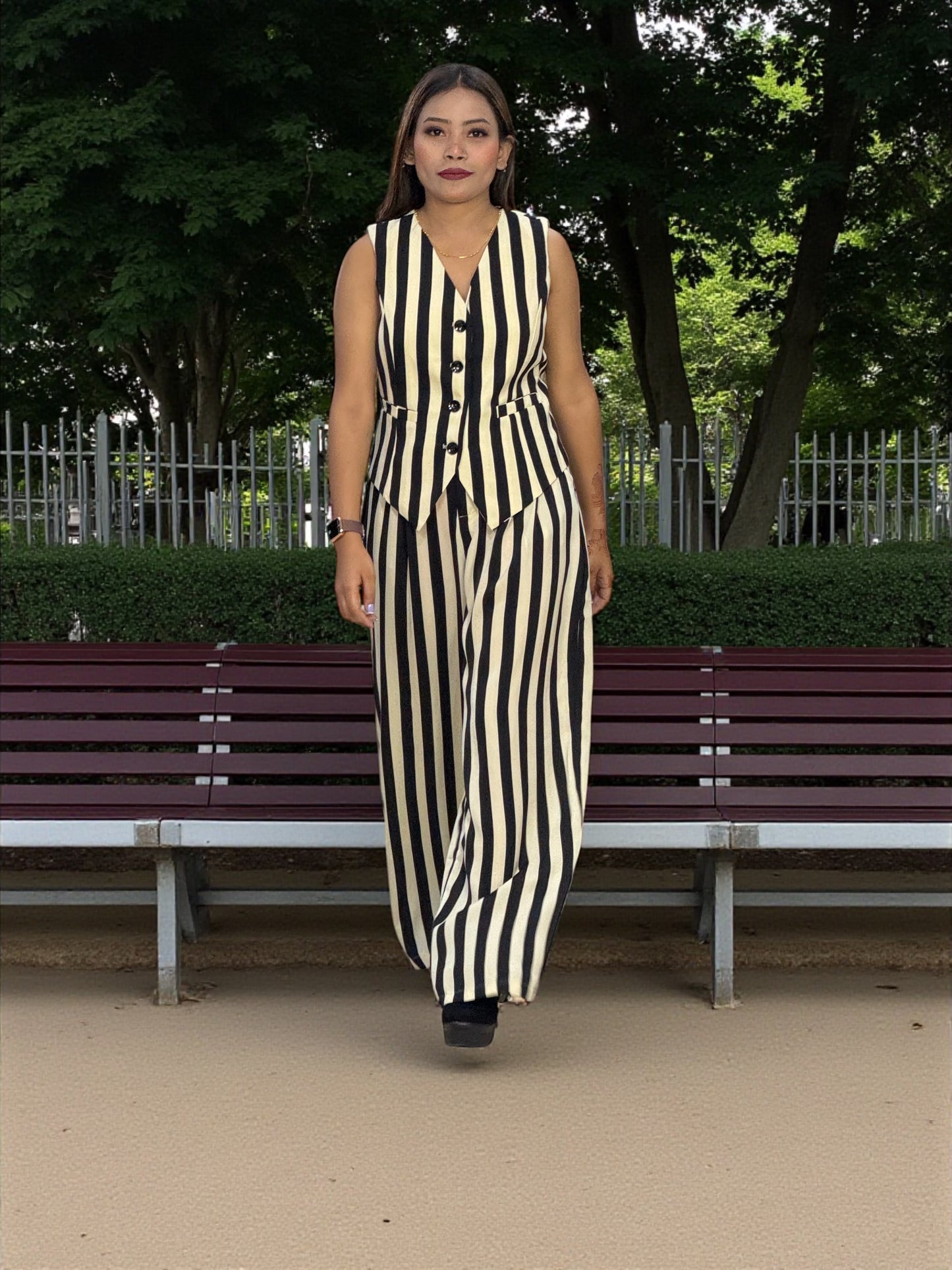 Bold Black & White Vertical Stripe Sleeveless Cord Set – 2-Piece