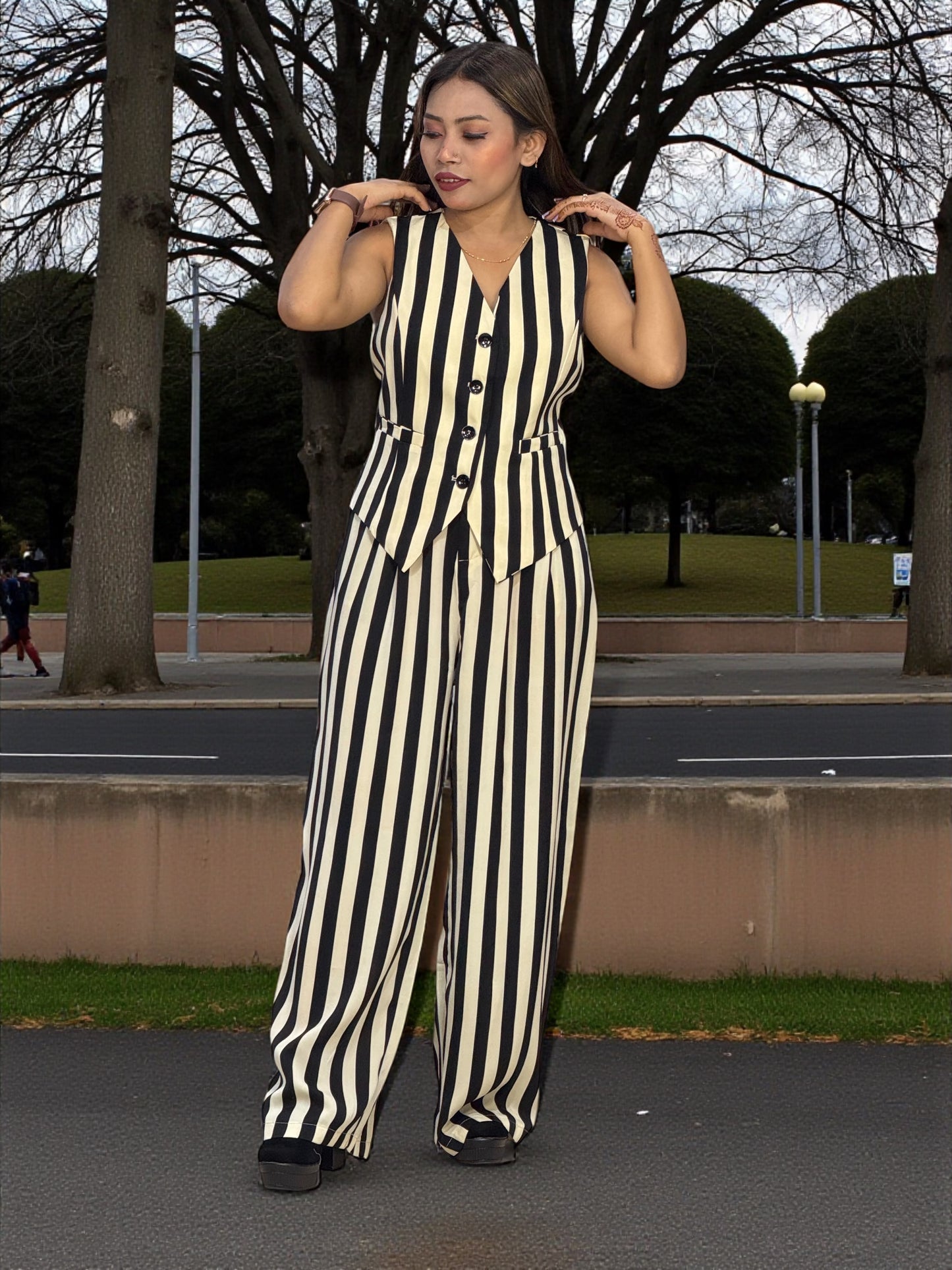 Bold Black & White Vertical Stripe Sleeveless Cord Set – 2-Piece