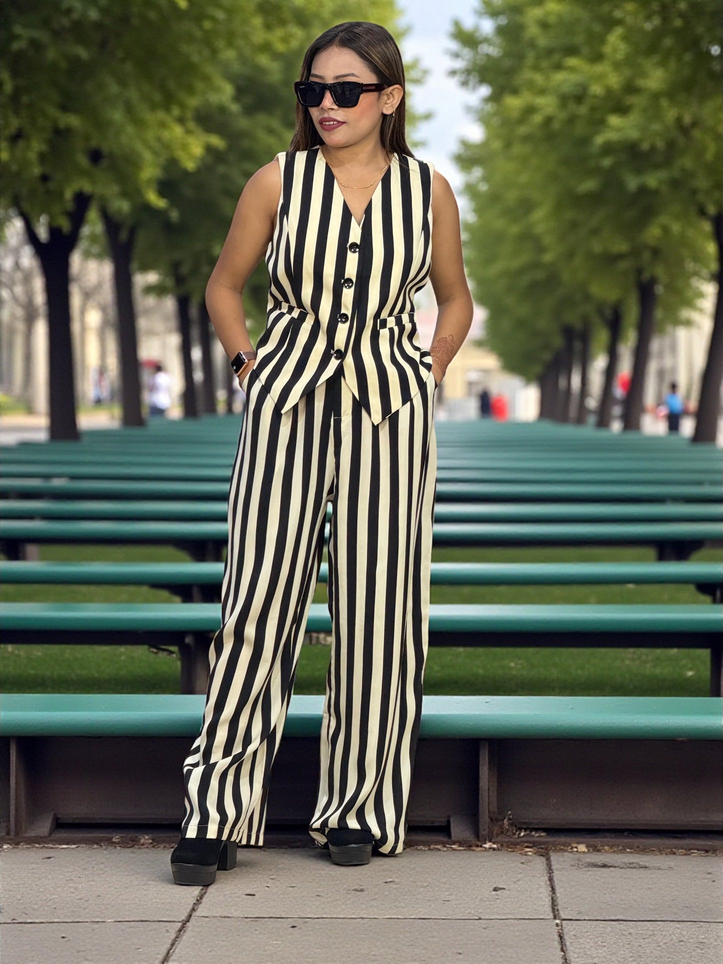 Bold Black & White Vertical Stripe Sleeveless Cord Set – 2-Piece