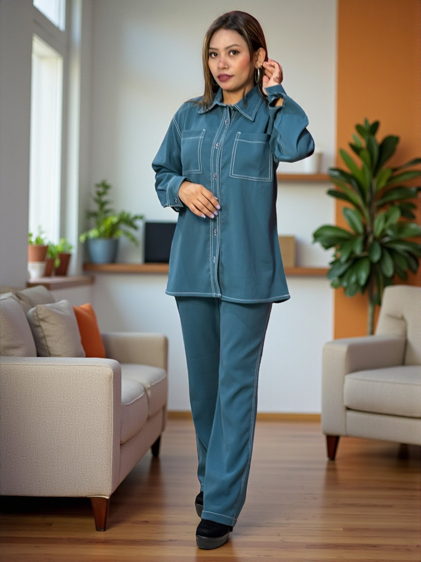Elegant Women’s Cord Set – Relaxed Fit Shirt & Trousers