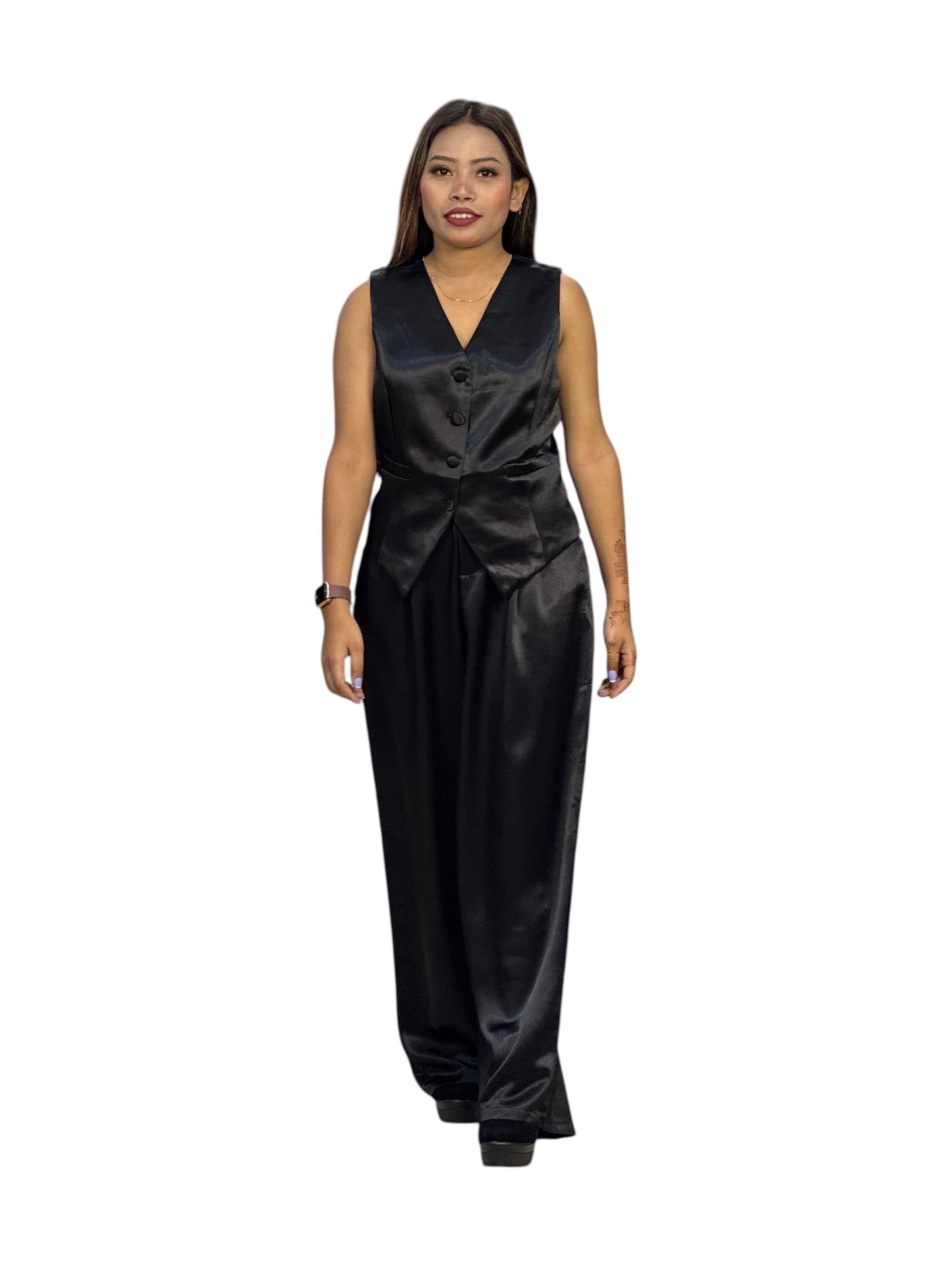 Women's Black Satin Sleeveless Cord Set – Vest & Wide-Leg Pants