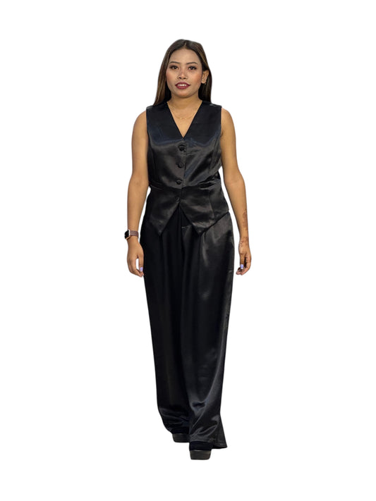 Women's Black Satin Sleeveless Cord Set – Vest & Wide-Leg Pants