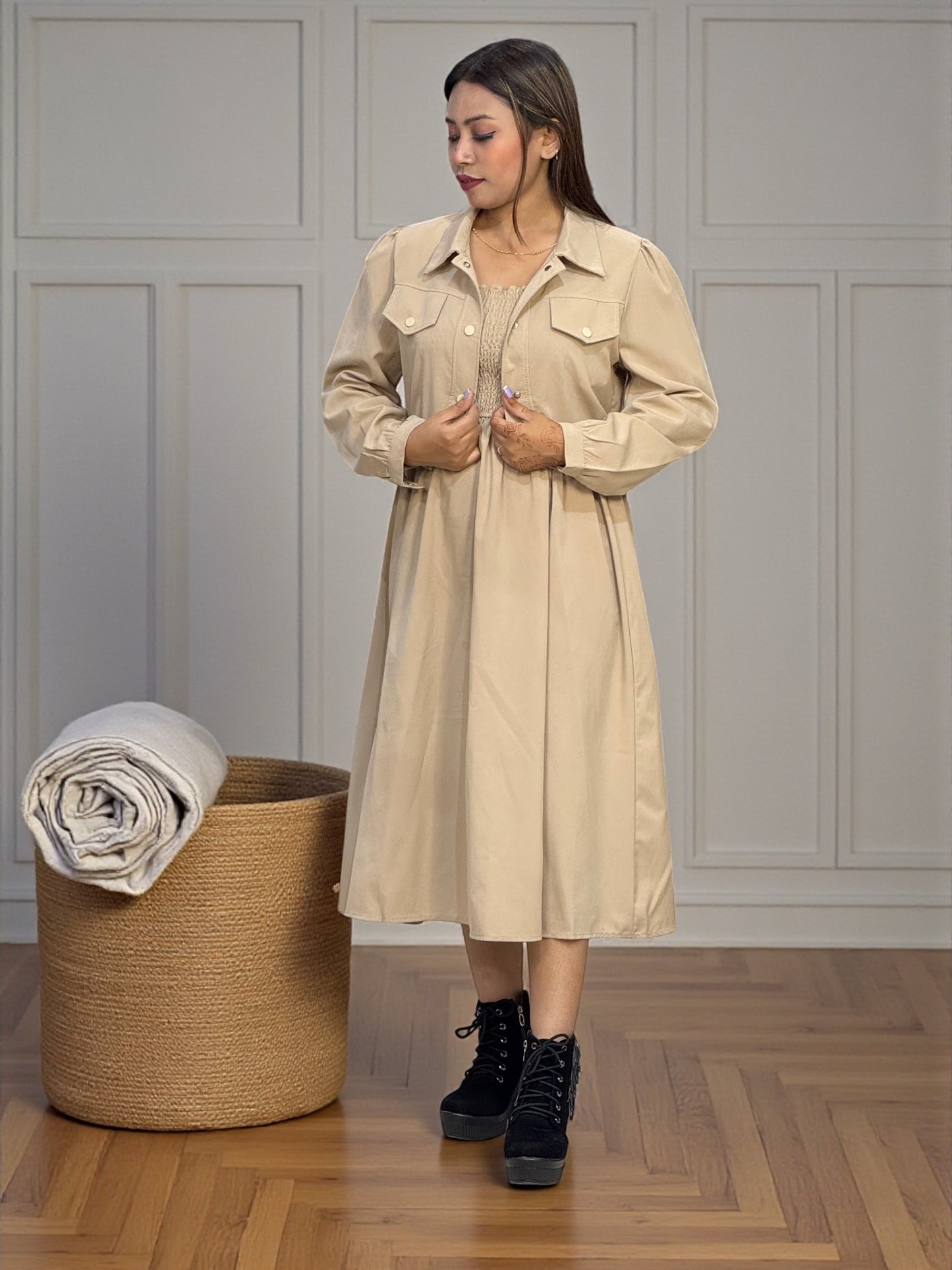 Elegant Brown Midi Dress with Cropped Jacket – Stylish & Comfortable