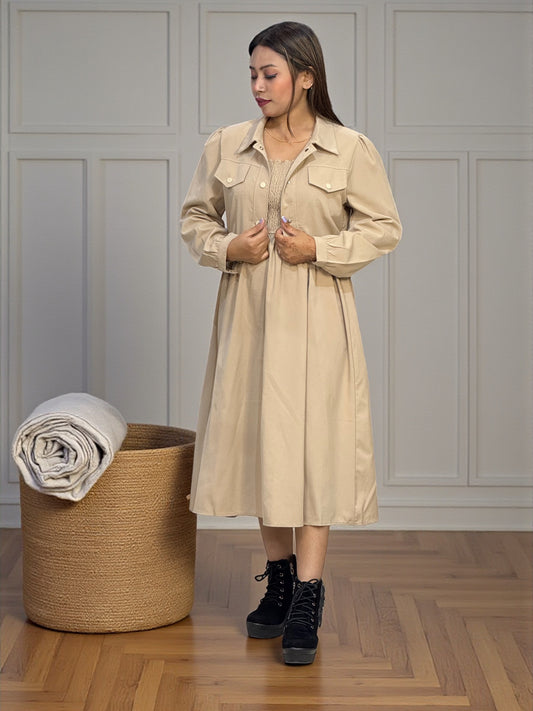 Elegant Brown Midi Dress with Cropped Jacket – Stylish & Comfortable