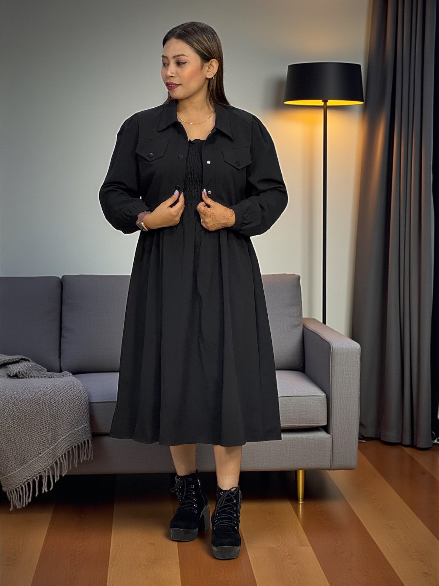 Elegant Brown Midi Dress with Cropped Jacket – Stylish & Comfortable