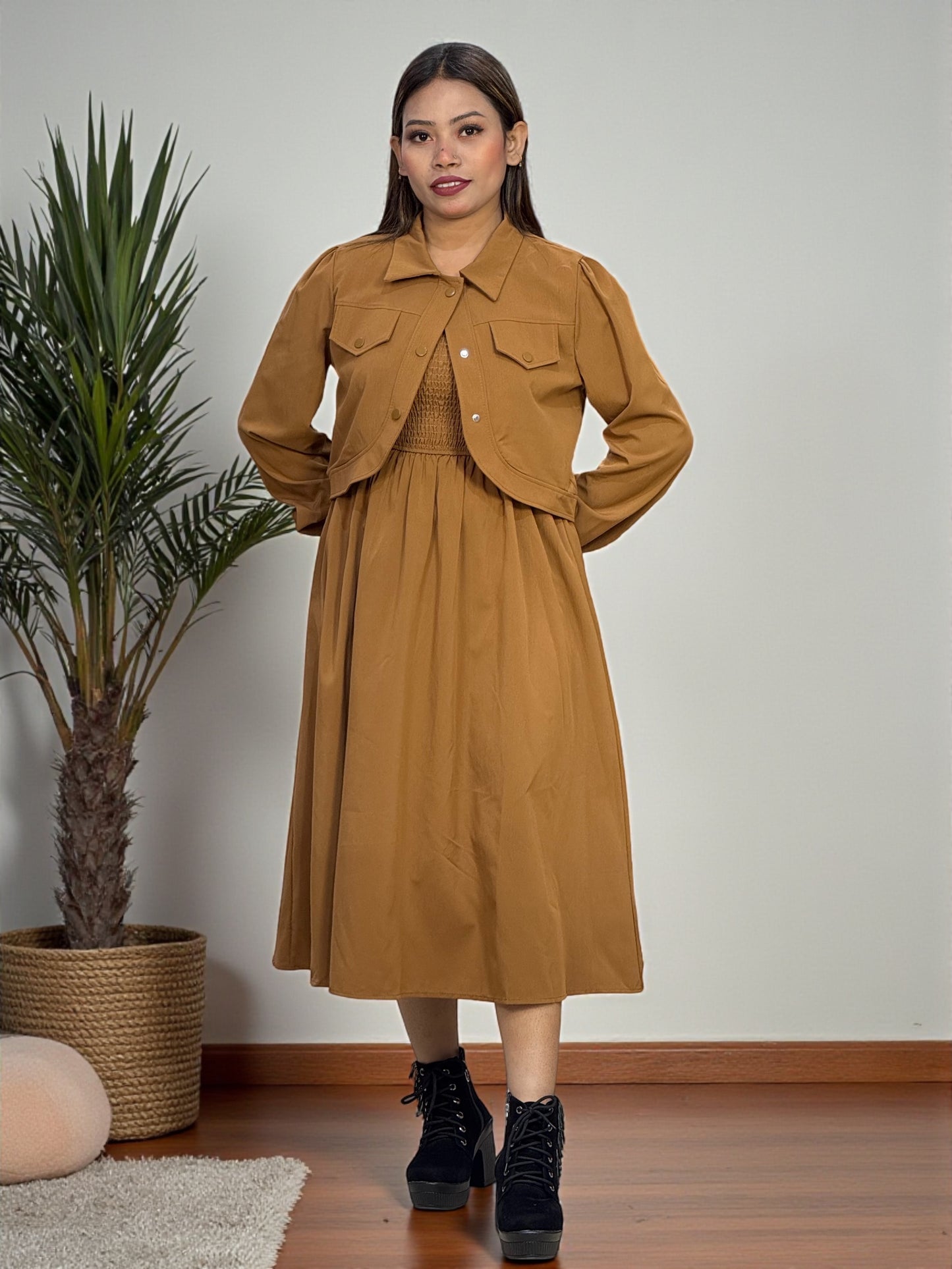 Elegant Brown Midi Dress with Cropped Jacket – Stylish & Comfortable
