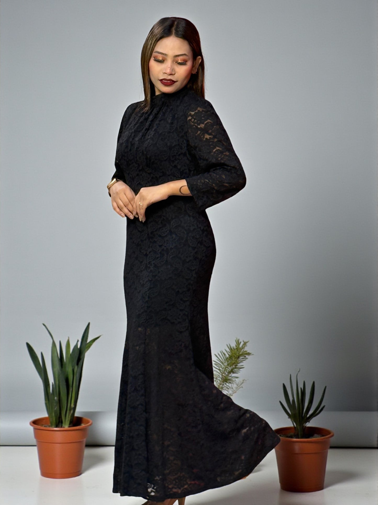Elegant Lace Maxi Dress for Women – Black, Brown & Maroon