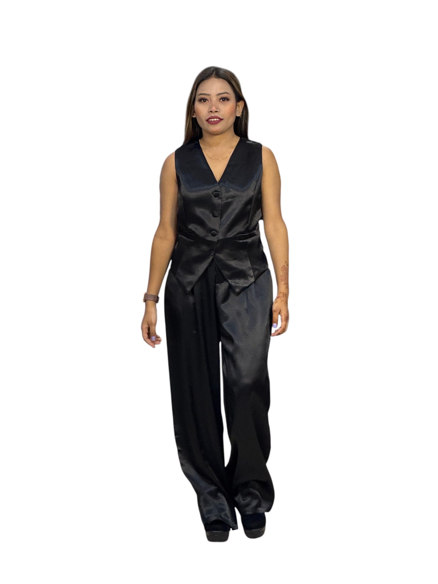 Women's Black Satin Sleeveless Cord Set – Vest & Wide-Leg Pants