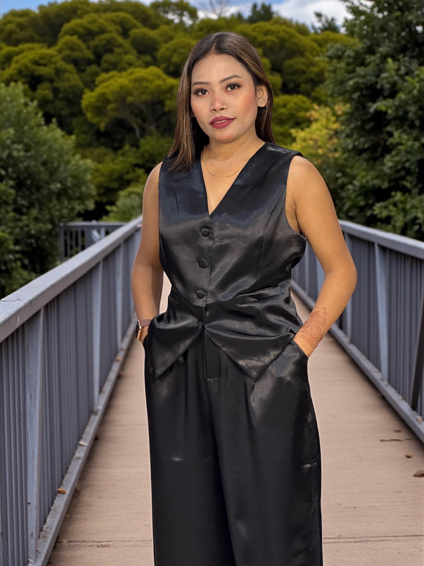 Women's Black Satin Sleeveless Cord Set – Vest & Wide-Leg Pants