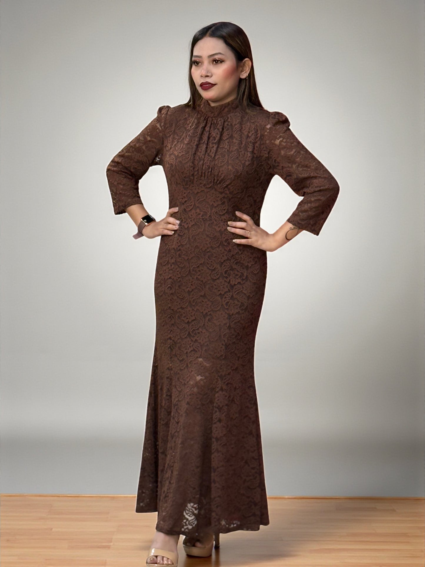 Elegant Lace Maxi Dress for Women – Black, Brown & Maroon