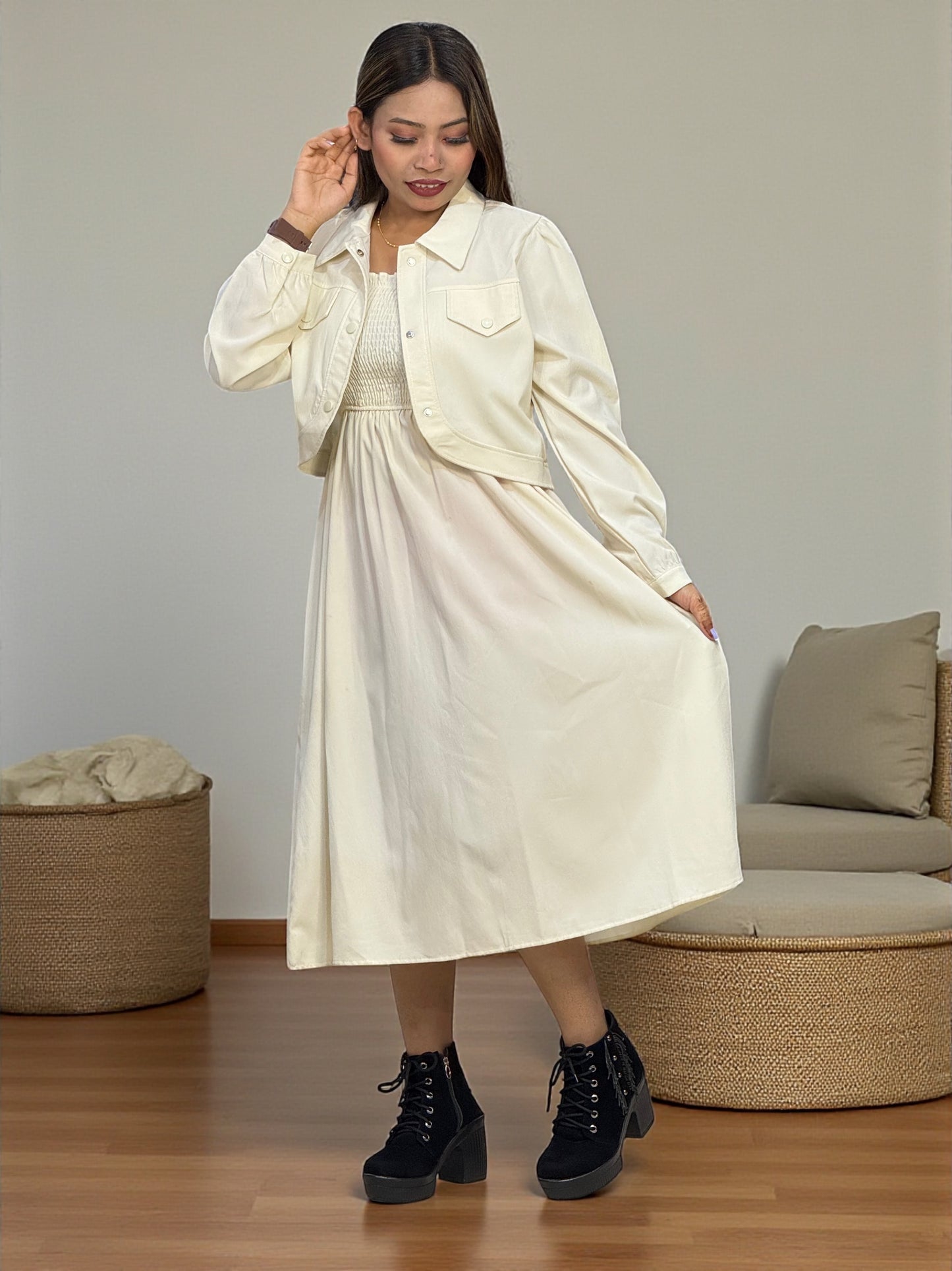 Elegant Brown Midi Dress with Cropped Jacket – Stylish & Comfortable