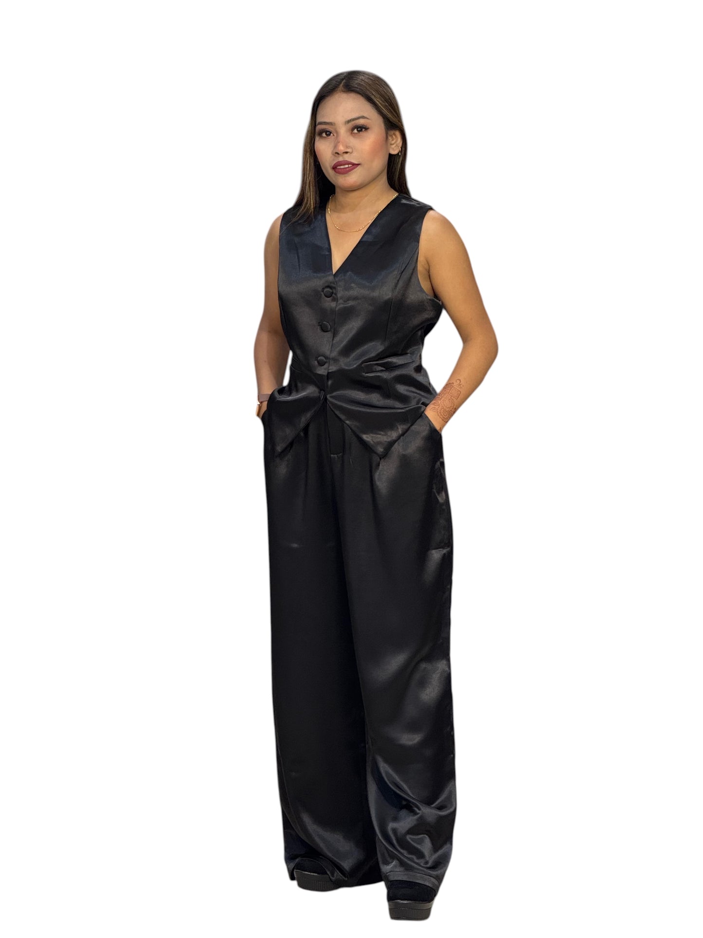 Women's Black Satin Sleeveless Cord Set – Vest & Wide-Leg Pants