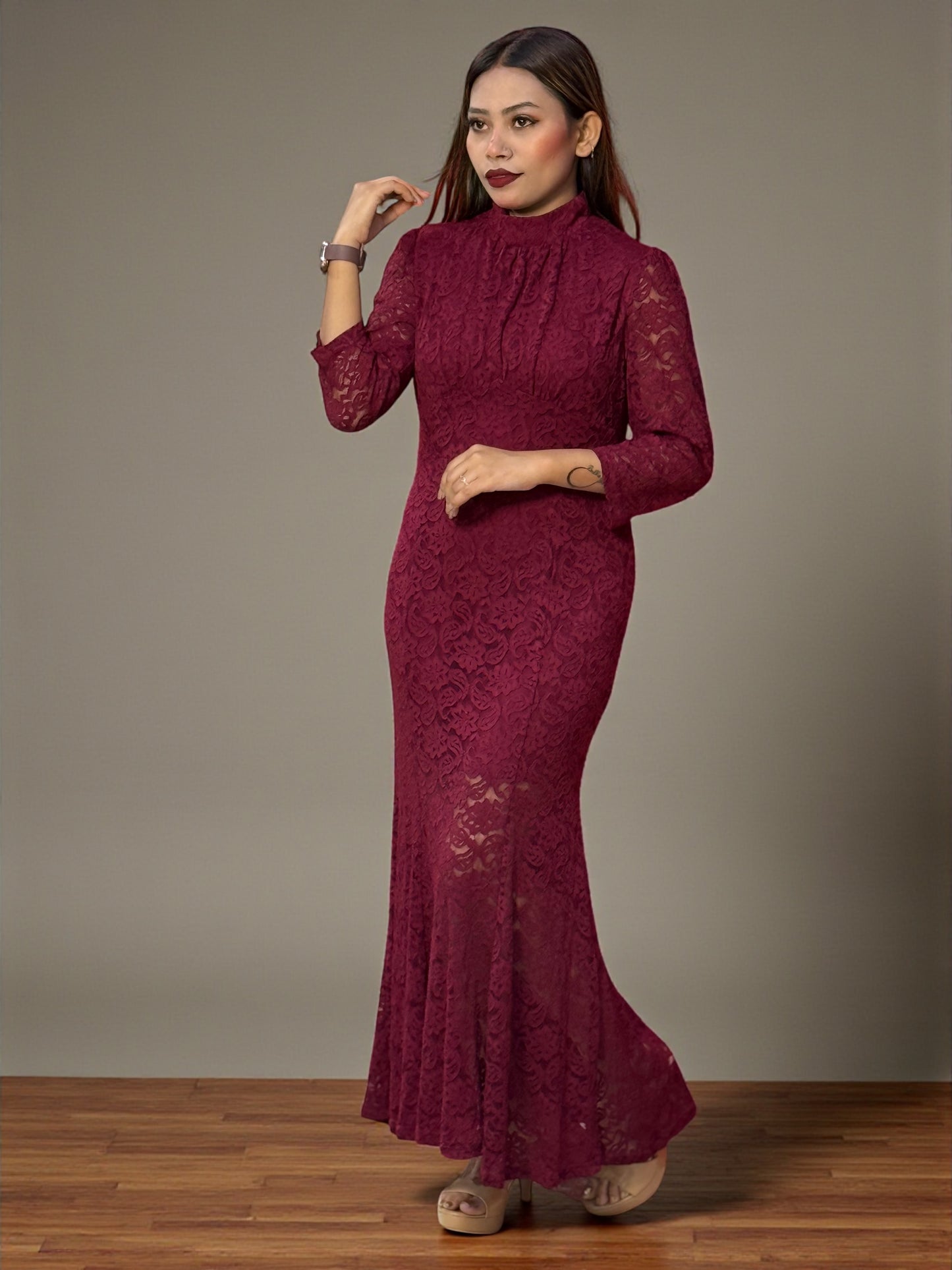 Elegant Lace Maxi Dress for Women – Black, Brown & Maroon