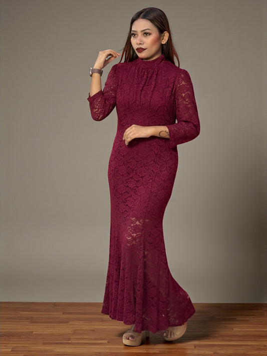 Elegant Lace Maxi Dress for Women – Black, Brown & Maroon